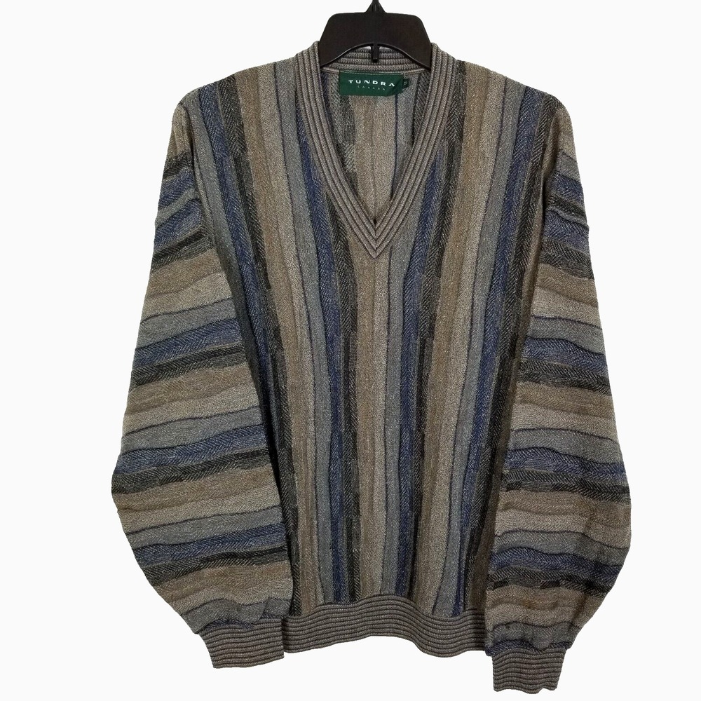VTG Tundra Men Wool Blend‎ Pullover Sweater Size L Tall Striped Textured V Neck